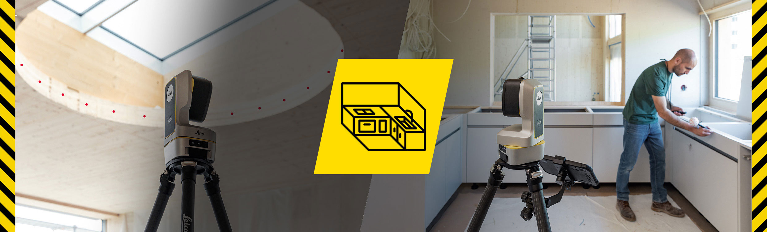 Lo strumento Leica iCON iCS50 è stato montato su un treppiede nero per misurare un'apertura e un piano di lavoro di una cucina con Leica iCON vPen.